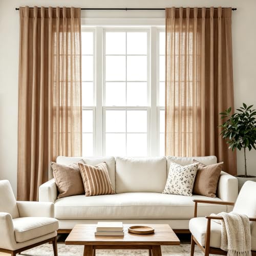 Brown Curtains for Living Room Back Tab Modern Farmhouse Semi Sheer Curtains 84 inches Long 2 Panels Set Muted Neutral Window Curtain for Dining Room Bedroom 52x84 (Brown / 52"W x 84"L (Pack of 2))