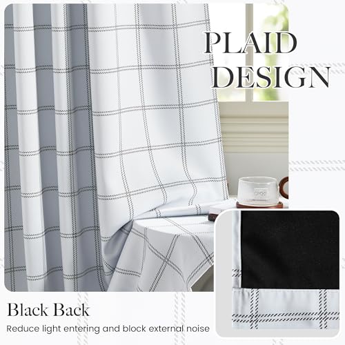 Farmhouse 100% Blackout White Kitchen Buffalo Plaid Curtains (26"W x 36"L (Pack of 2) / Grid Pattern | White & White)