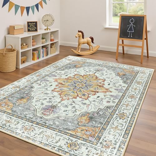 Washable Area Rug (Beige/Carbon Grey/Orange / 4' x 6' (Rectangular))