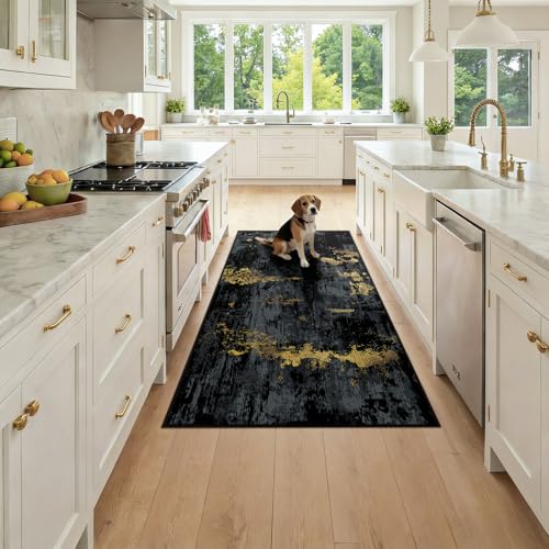 Washable Runner 3'x6' Abstract Area Rug for Hallway Black Gold (Black/Gold / 3' x 6' (Runner))