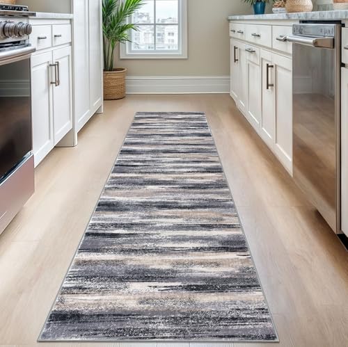 Modern Abstract Runner Rug 2.6x8 (2'7" x 8' (Runner) / Grey Navy Blue Black Cream Tan)