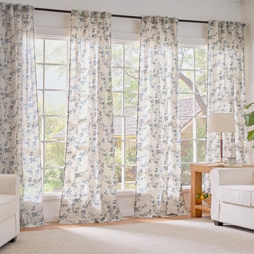 Extra Long Blue Vintage Floral Linen Curtains Farmhouse 2 Panels (Blue on Beige / 50"W x 108"L (Pack of 2))