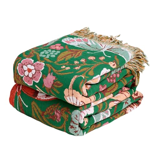 Boho Throw Blanket 50"x60" Fall Cotton Butterfly Floral Blanket (Green Butterfly / 50"x60")