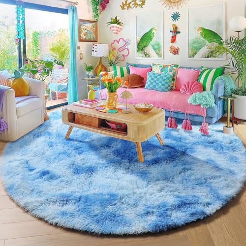 Tie Dyed Light Blue Round Circle Rug 5Ft for Girls Bedroom Nursery (Tie-dyed Blue / 5' (Round))