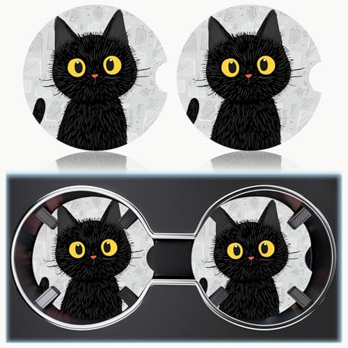 Ceramic Car Cup Holder Coasters Set of 2 (Black Cat)