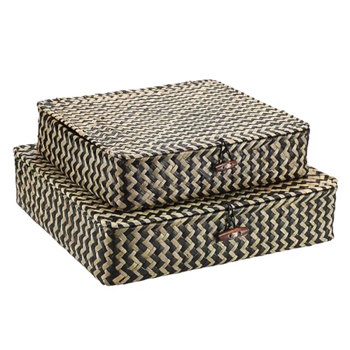 2Pcs Flat Wicker Woven Basket with Lid Natural Seagrass Storage Box (Small+Large / Black)