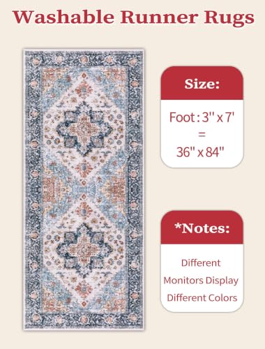 3x7 Washable Non Slip Boho Runner Rug for Hallway (Blue/Orange / 3' x 7' (Runner))