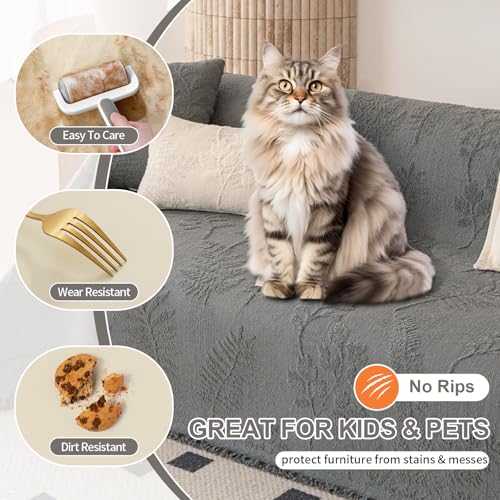 Washable Couch Covers for Sofa Boho Couch Covers for 3 Cushion Sofa Pet Friendly Grey Chenille Jacquard Couch Protector for Dogs Plant Branch Sectional Cover Sofa Slipcovers (71" x 118" / U: Grey)