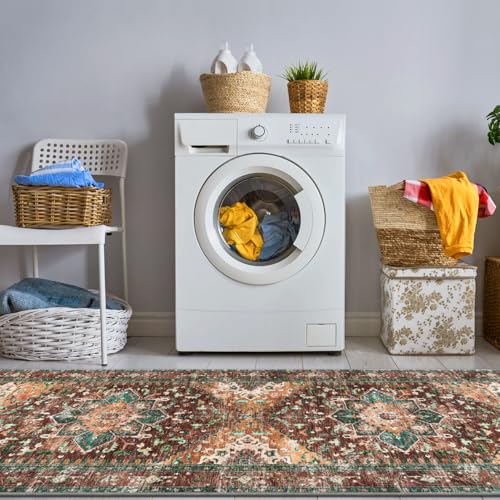Washable Runner Rug (2' x 6' / Rust/Dull Teal)