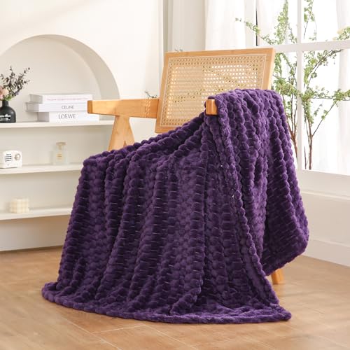 Deep Purple Throw Blanket 50"×60" Fuzzy 3D Jacquard Decorative (Purple / 50"×60”)