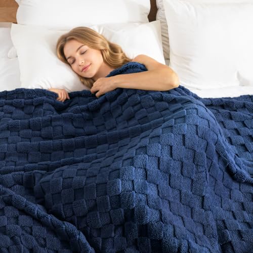3D Checkered Fleece Twin Blanket for Bed (Navy Blue / Twin (60"x80"))