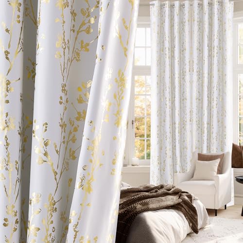 Gold Foil Printed Floral Curtains 100% Blackout (Branch-100% Blackout Greyish White / 52"W x 96"L (Pack of 2))