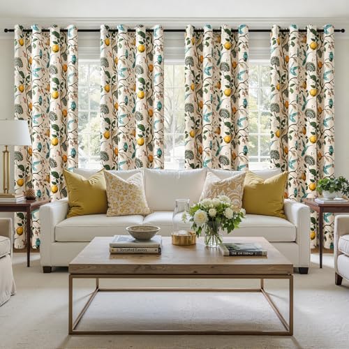 Floral Curtains 90 Inches Long 2 Panels Unique Natural Beige Luxury Elegant Colorful Euro Flower Hummingbird Patterned Rustic Vintage Grommet Drapes for Classroom Room Office Closet 52x90 (Beige / 52"W x 90"L (Pack of 2))