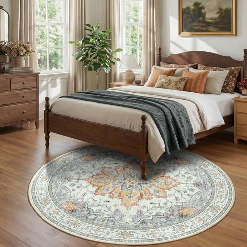 Washable Area Rug (Beige/Carbon Grey/Orange / 7' (Round))