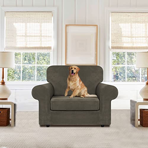 Velvet Stretch 2 Pieces Chair Sofa Slipcovers Washable (Small / Light Brown)