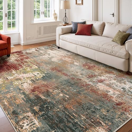 Washable 7'x9' Abstract Area Rug for Living Room Rustic Brown (Rust Red/Green/Blue/Multi / 7' x 9' (Rectangular))