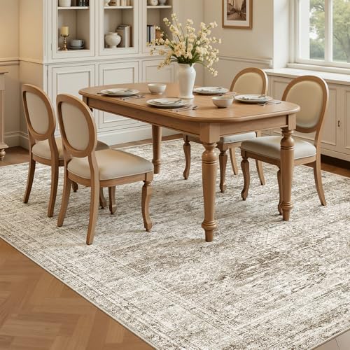 5x7 Area Rugs Brown Low Pile Washable Trendy Faded Style Rug (Brown / 5' x 7' (Rectangular))