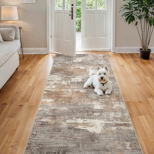 4x8 Runner Rug Washable Abstract (Brown/Brick / 4' x 8')