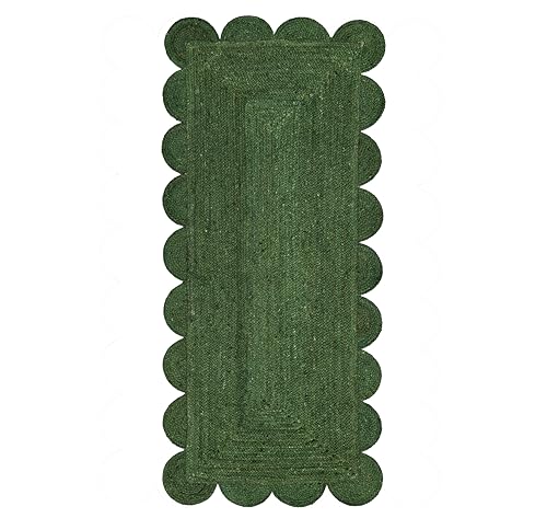Scallop Jute Runner Rug Boho Jute Rug Scalloped Coastal Rug (Palm Green / 24 inches x 72 inches)