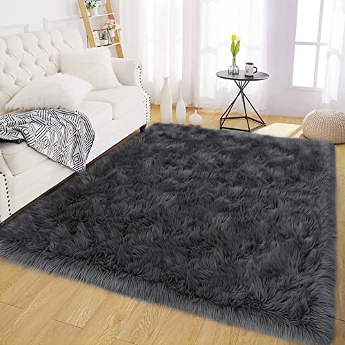 Dark Grey Rugs 6x8 Area Living Room Faux Sheepskin Fur Rug for Bedroom Washable Shag Fuzzy Furry Rug Home Décor (6' x 8' (Rectangular) / Dark Grey)