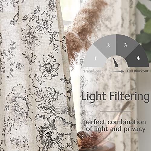Vintage Floral Linen Curtains 84 Long for Living Room 2 Panels (Black on Beige / 38"W x 84"L (Pack of 2))