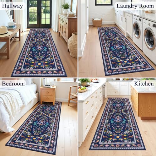 HEBE Hallway Runner Rug 2'x8' (Floral Blue / 2' x 8' (Rectangular))