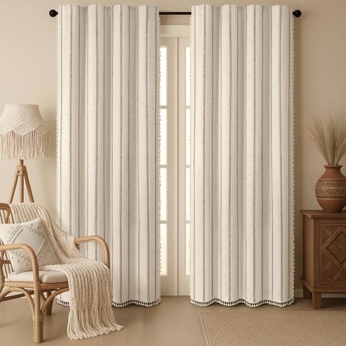 Beige 100% Boho Blackout Curtains 84 Inch 2 Panels with Tassels (Black / 52"W x 84"L (Pack of 2))