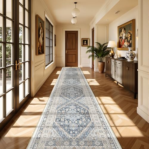 Washable Runner Rug 2.5x14 (Blue/Beige / 2'6" x 14' (Runner))