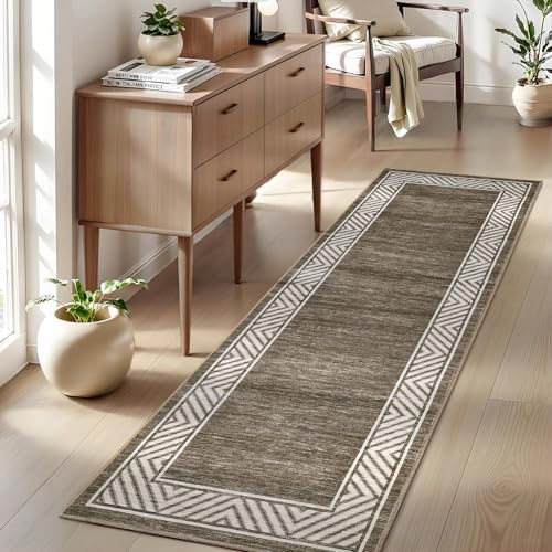 Washable Hallway Rug 2x6 Narrow Modern Bordered Floor Runner (Brown/Coffee / 2' x 6' (Rectangular))