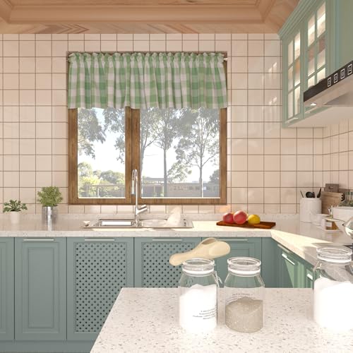 Short Christmas Curtains For Windows Treatment Buffalo Check Plaid Valances Gingham 2 Pack Tiers Rod Pocket Green and White Decor Curtains Over Sink For Kitchen (34"W x 16"L (Pack of 2) / Green and White)