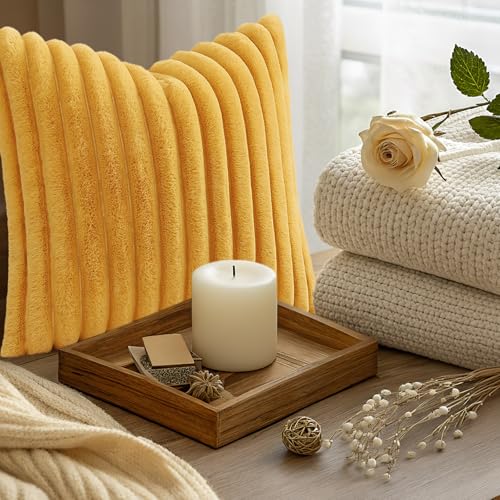 Fall Faux Fur Throw Pillow Covers 18x18 Set of 2 Mustard Yellow (Mustard Yellow / 18" x 18" (Pack of 2))