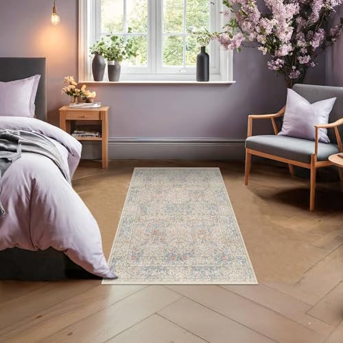 3x5 Washable Area Rug for Bedroom Beside Bed Mat (Beige Blue / 3' x 5' (Rectangular))
