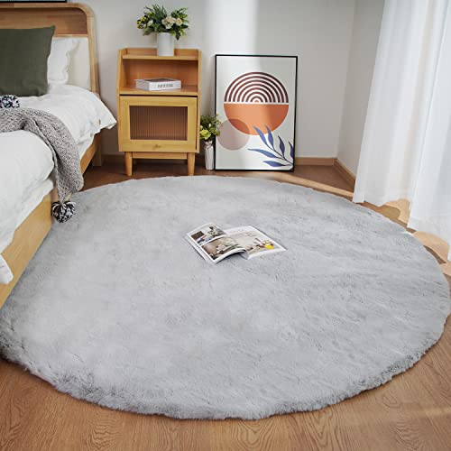 Faux Rabbit Fur Round Rug 5ft Grey Round Rugs for Bedroom Decor Fluffy Area Rugs for Living Room (Grey / 4'11" (Round))