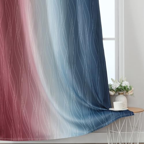 Navy Blue and Burgundy Red Ombre Blackout Curtains for Bedroom 90 Inch Long (Navy Blue and Burgundy Red / 52"W x 90"L (Pack of 2))