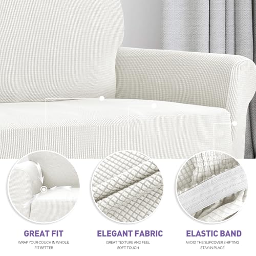 Super Stretch Couch Cover Love Seat Sofa Covers for Living Room Dogs Pet Friendly Furniture Protector Spandex Loveseat Slipcovers with Anti Slip Foam Sticks (White / Medium (57"-70"))