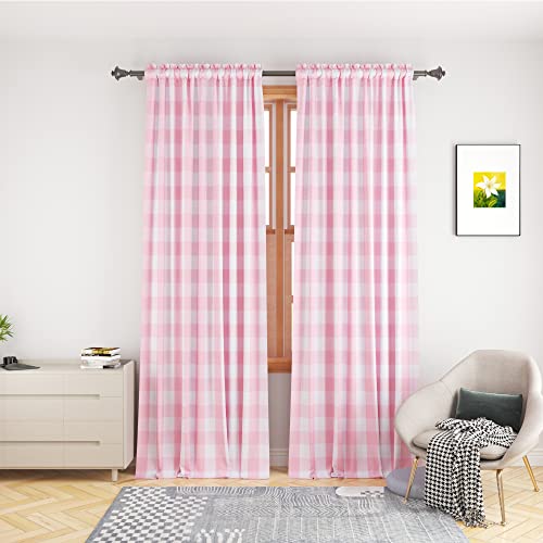 Buffalo Check Window Curtains 80 inches Long Living Room Bedroom Drapes Cotton Plaid Gingham Farmhouse Rustic Decor Curtains 2 Panels Rod Pocket Kitchen Basement Curtain Panels Pink White 52"x80" (52"W x 80"L (Pack of 2) / Pink+white)