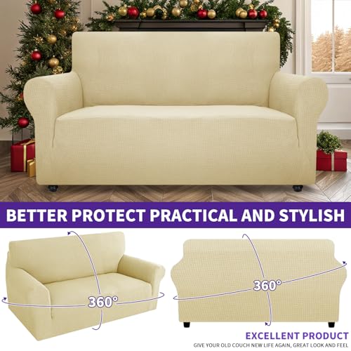 Super Stretch Couch Cover Love Seat Sofa Covers for Living Room Dogs Pet Friendly Furniture Protector Spandex Loveseat Slipcovers with Anti Slip Foam Sticks (Beige / Medium (57"-70"))