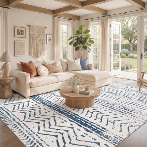 Boho 5x7 Area Rug Living Room Rugs Machine Washable Navy Blue (Dark Blue / 5' X 7' (Rectangular))