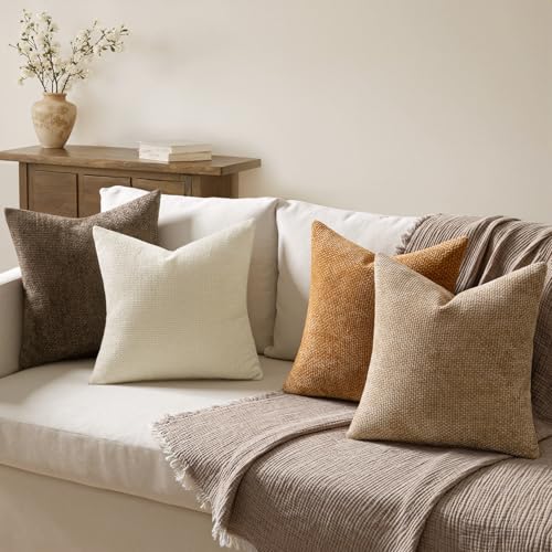 Soft Decorative Chenille Fall Pillow Covers Brown 20x20 Pack of 4 (20" x 20" (Pack of 4) / Brown)