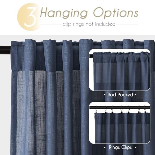Navy Blue Curtains 102 inch Length for Bedroom Back Tab Light Filtering Semi Sheer Blue Living Room Curtains Linen Cotton Textured Indigo Blue Drapery Panel Modern Aesthetic Decor 42" Wx102" L (Navy Blue / 42"W x 102"L (Pack of 2))