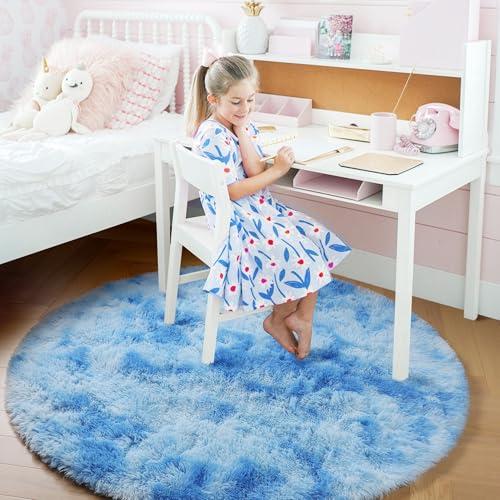 Tie Dyed Light Blue Round Rug 4Ft for Girls Bedroom Baby Nursery (Tie-dyed Blue / 4' (Round))