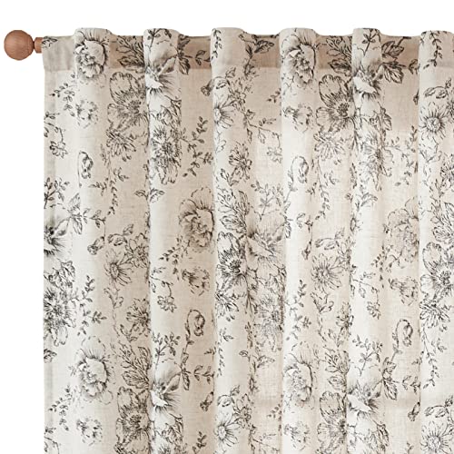 Vintage Floral Linen Curtains 63 Long for Living Room 2 Panels (Black on Beige / 50"W x 63"L (Pack of 2))