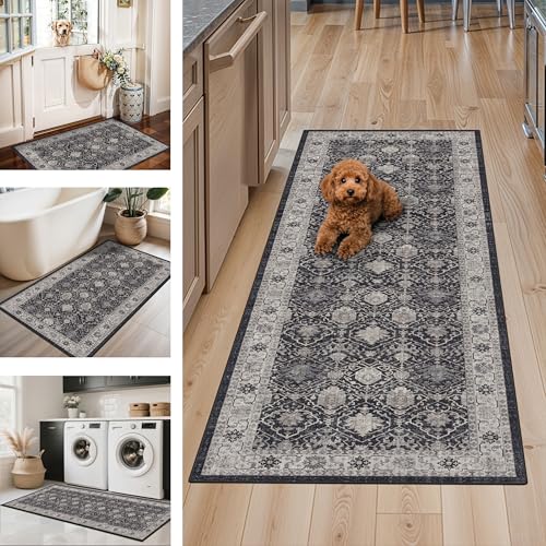 Washable 4 Piece Kitchen Floor Mats (2x3+2x4+2x5+2x6 / Black/Navy)