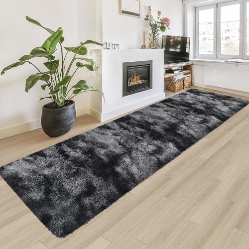 Tie Dyed Runner Rug for Bedroom Black Grey 2x8ft Fluffy Area Rug Bedside Runner Rug for Kids Room Boys Teens Nursery Baby Living Room Dorm Home Decor Carpets (Tie-dyed Black Grey / 2' x 8' (Runner))