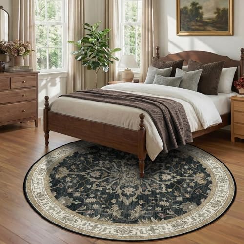 Washable Area Rug (Black/Vintage/Beige / 8' (Round))