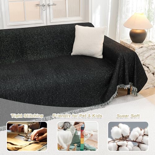 Couch Cover for Dogs Washable Couch Covers Couch Covers for Sofa Couch Cover 2 Cushion Sofa Non Slip Dogs Furniture Protector with Tassels Chenille Sofa Covers for Pets (71" x 102" / Black)