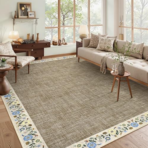 10x13 Machine Washable Rugs for Living Room Large Area Rug Modern Floral Indoor Accent Carpet Low Pile Carpet Soft Throw Aesthetic Floor Cover for Bedroom Laundry Dining Room (Taupe/Flax / 10' x 13' (Rectangular))