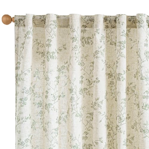 Extra Long Green Vintage Floral Linen Curtains Farmhouse 2 Panels (Green on Beige / 50"W x 108"L (Pack of 2))