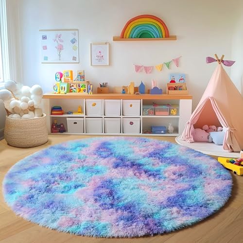 Rainbow Fluffy Round Rug Circle Area Rugs 4ft for Girls Kids Teen Bedroom (Rainbow / 4' (Round))