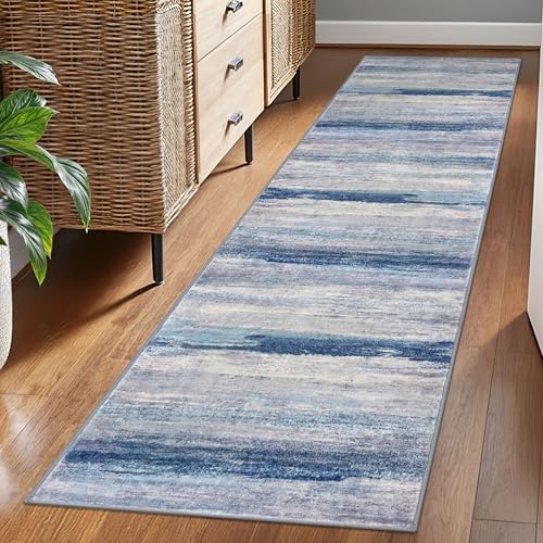 Modern Abstract Washable Rug Runner 2x7 Hallway Runner Rug Non (Blue/Grey/Beige / 2' x 7' (Runner))